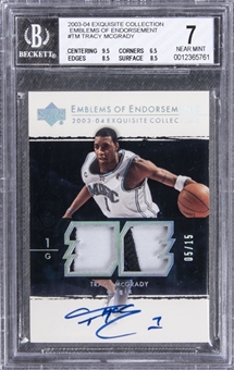 2003-04 UD "Exquisite Collection" Emblems of Endorsement #TM Tracy McGrady Signed Game Used Patch Card (#05/15) – BGS NM 7/BGS 10